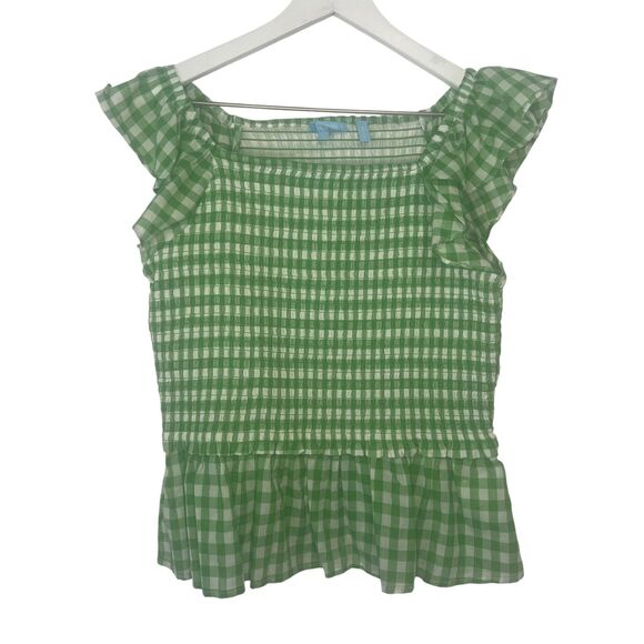 Draper James Smocked Peplum Tartan Top Womens Large Green White Flutter Sleeve - Picture 3 of 7